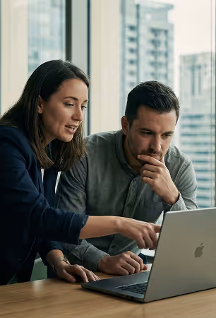 Two colleagues intently working together on a laptop at a wooden table in an office with city buildings visible through large windows.