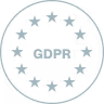 Circular design with twelve stars surrounding the text GDPR in the center, representing data protection.