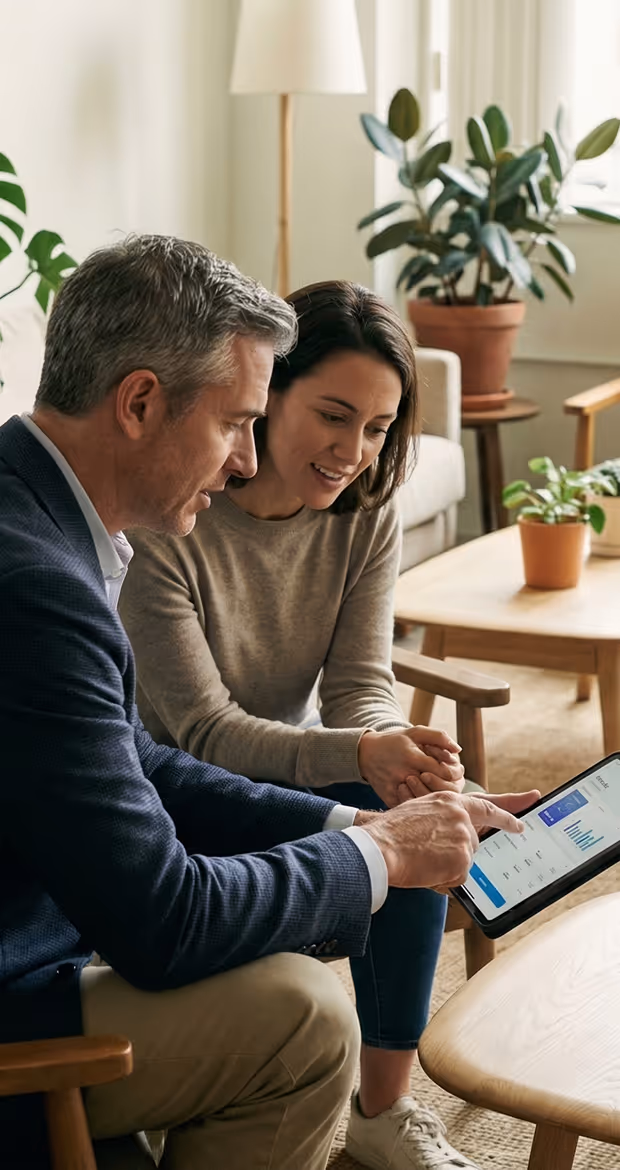 Man and woman sitting and reviewing data on a tablet in a cozy living room with plants and natural light.