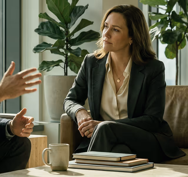 Woman in a dark suit sitting on a couch attentively listening to another person, with notebooks and a coffee mug on the table.