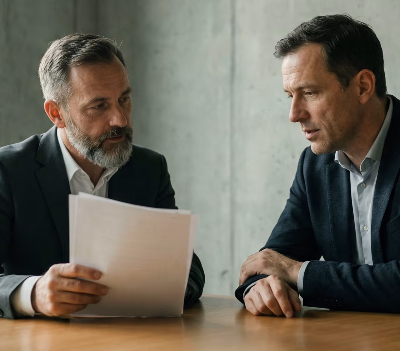 Two businessmen in suits sitting at a table discussing documents.