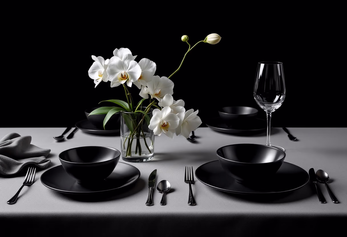 details of a sophisticated holiday dining table setup (for a furniture store)