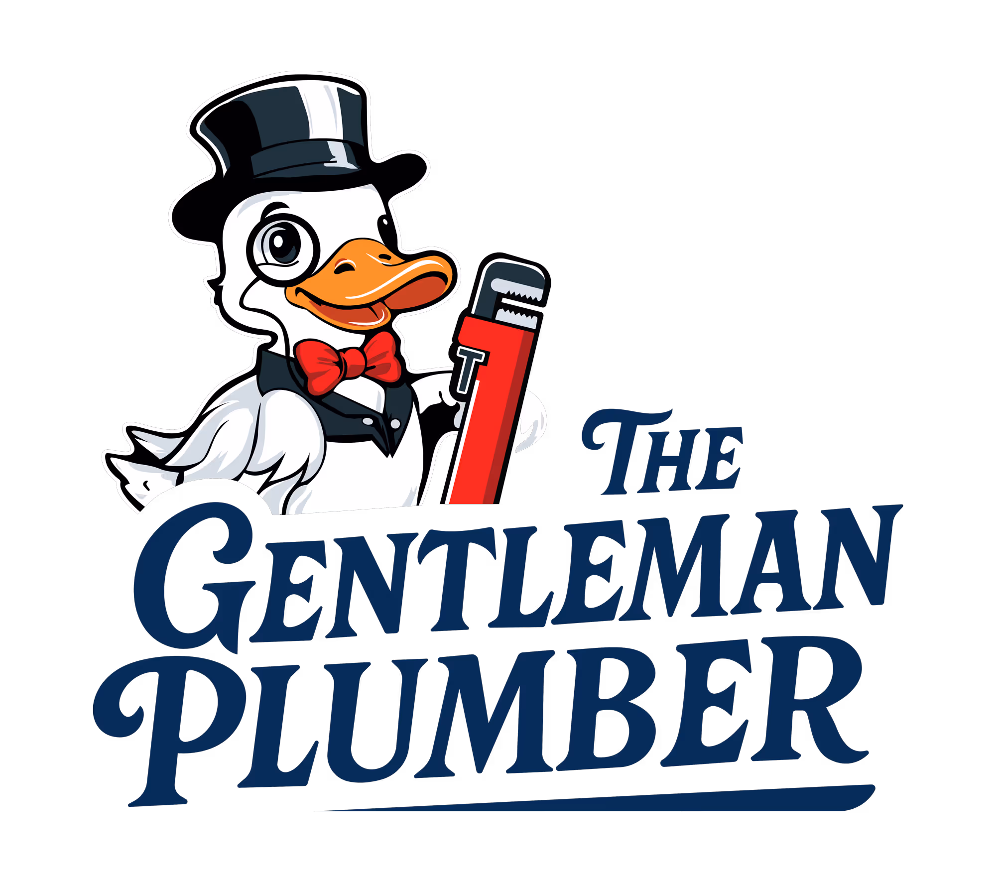 Cartoon duck wearing a top hat, monocle, bow tie, and vest holding a red pipe wrench with the text 'The Gentleman Plumber'.