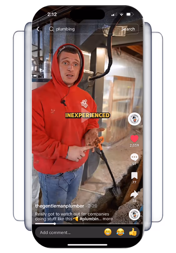 TikTok video screenshot of a man in a red hoodie pointing to dirty plumbing pipes labeled 'INEXPERIENCED' in a basement setting.