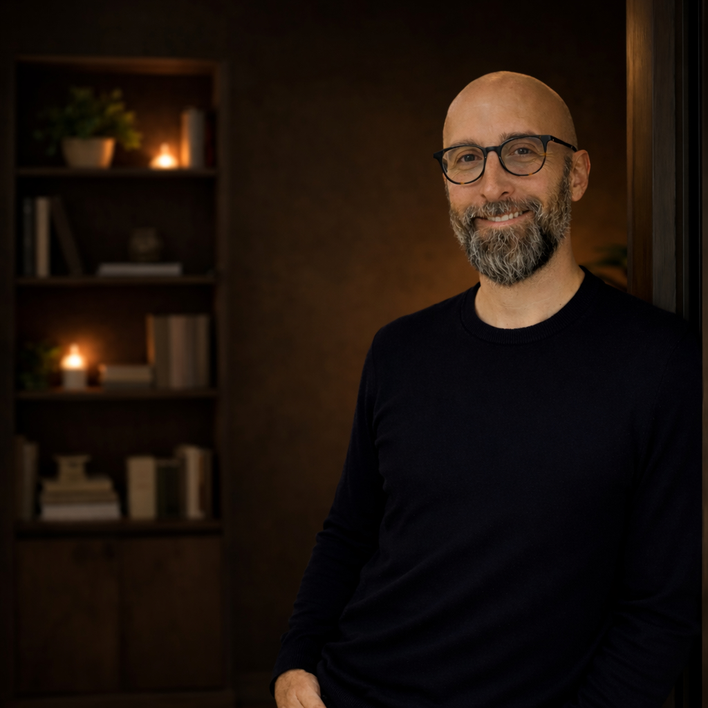 Smiling bald man with glasses and a gray beard wearing a black sweater, standing indoors next to a dimly lit bookshelf.