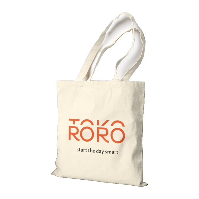Canvas tote bag with the ROROTOKO logo and the words "start the day smart"