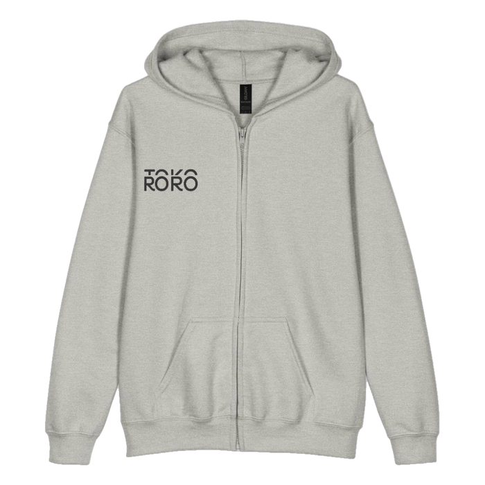 Grey zip-up hoodie with the ROROTOKO logo on the chest