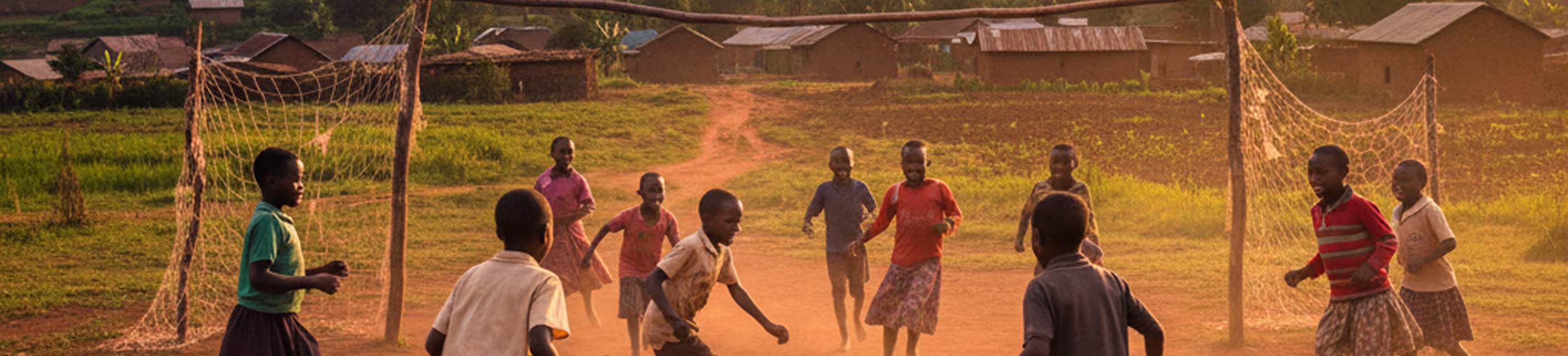 Children playing soccer on a dusty field with makeshift goalposts in a rural village at sunset.
