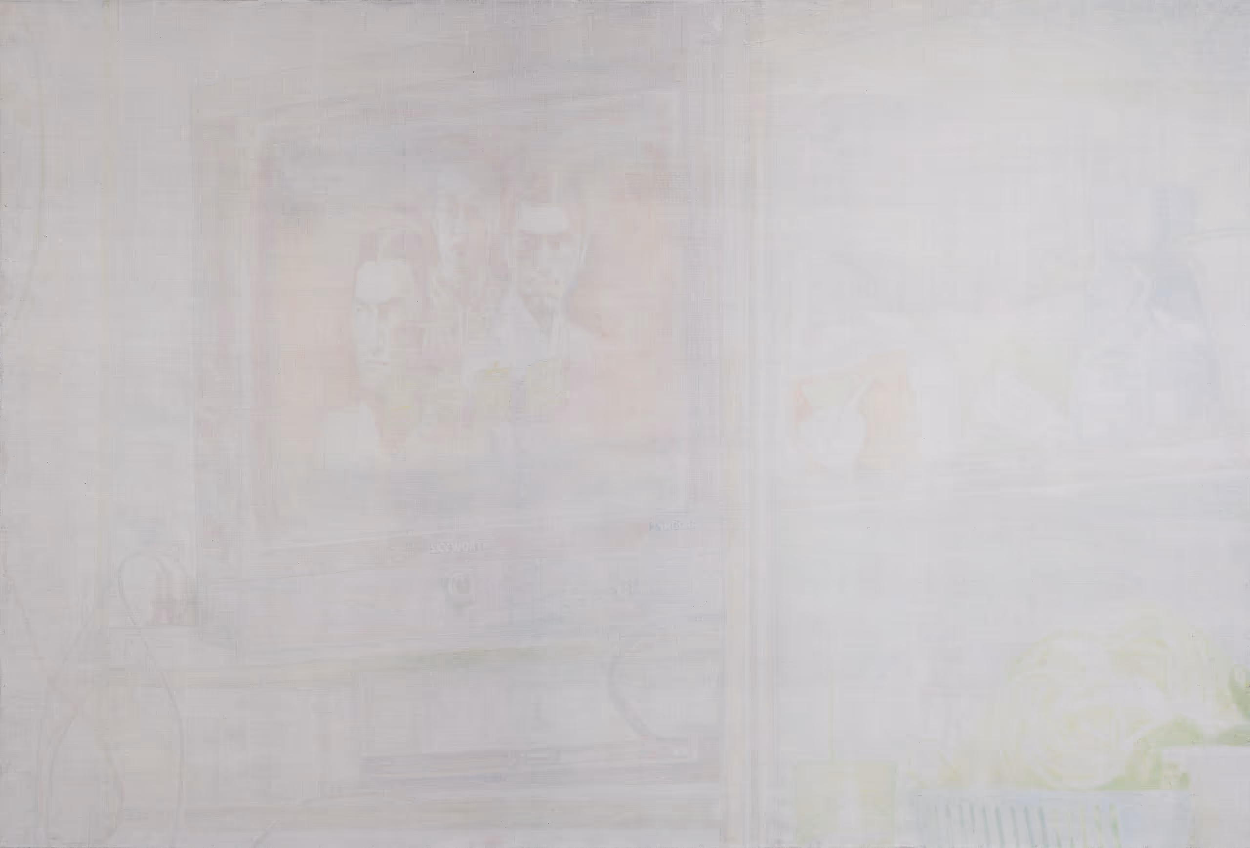 Large-scale egg tempera painting, 230 x 180 cm, created in delicate, luminous layers, showing a shelf with a TV featuring Kung Fu fighters, cables, kitchen utensils, a head of cabbage, and a travel bag of rice.