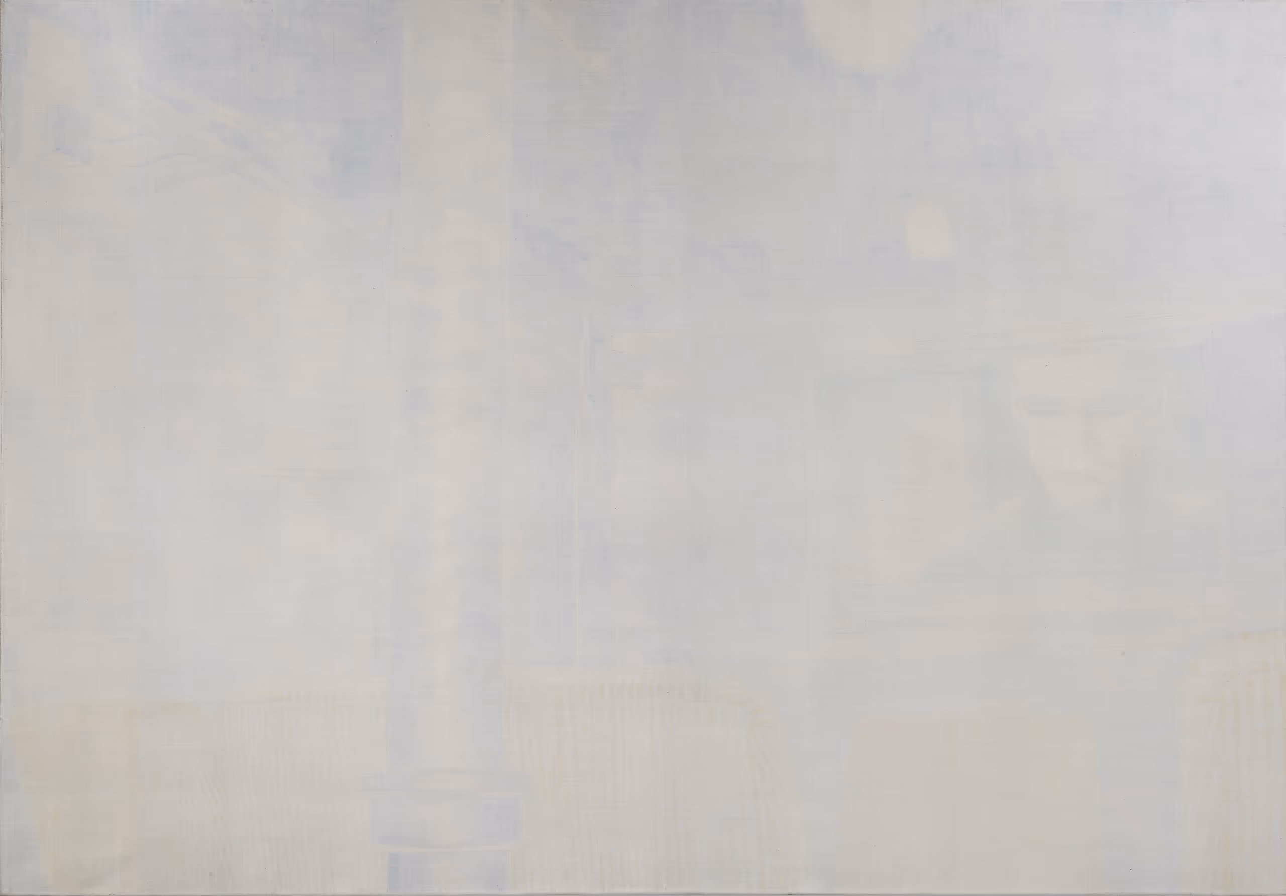 Large-scale egg tempera painting, 230 x 180 cm, of a San Francisco hostel basement, featuring a large pipe running through the foreground between worn corduroy armchairs. In the background, a television shows a close-up of a man with sunglasses from The Matrix, looking into the empty room.