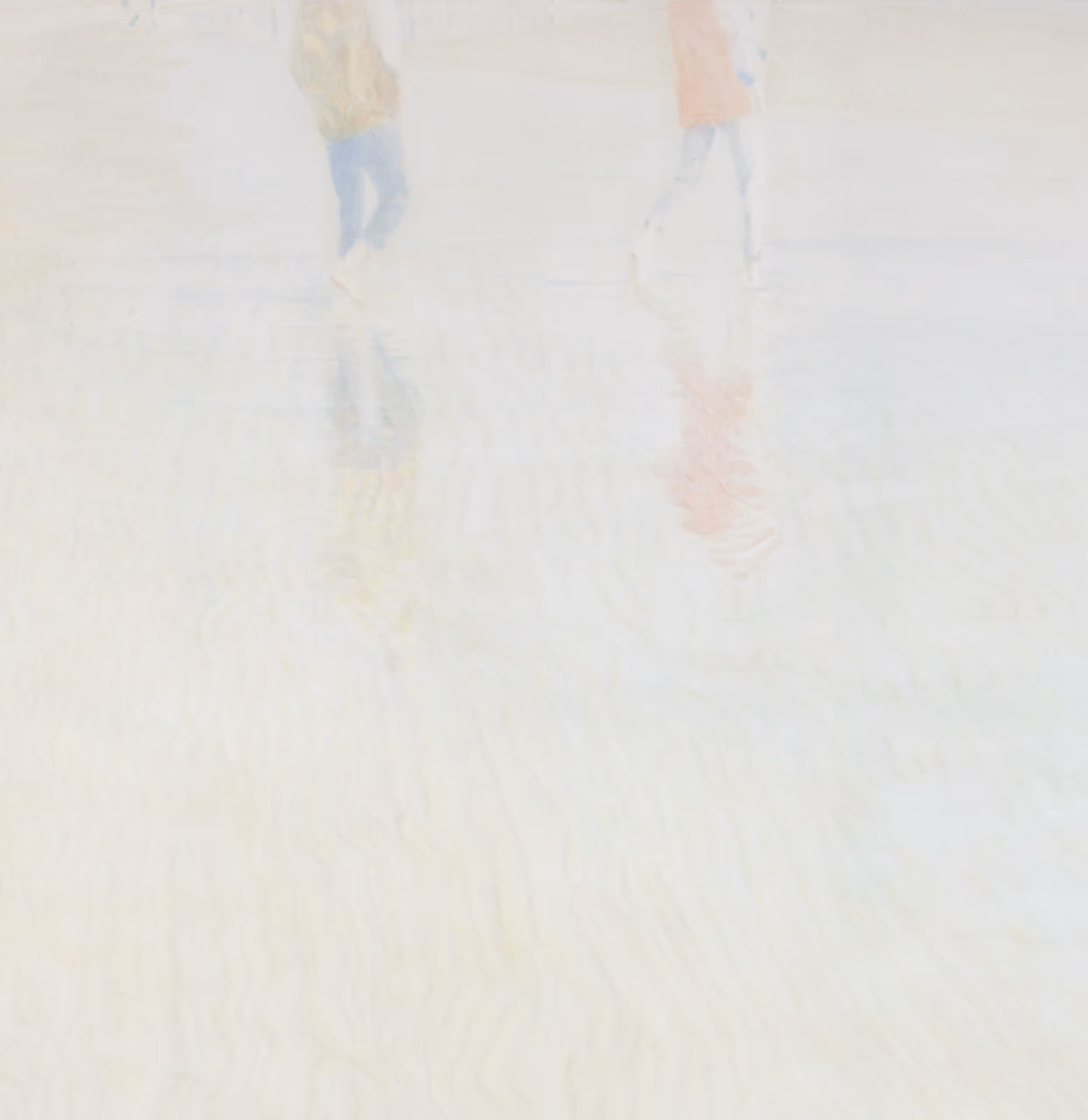 Reflection of two people walking on the beach shore with textured sand patterns.