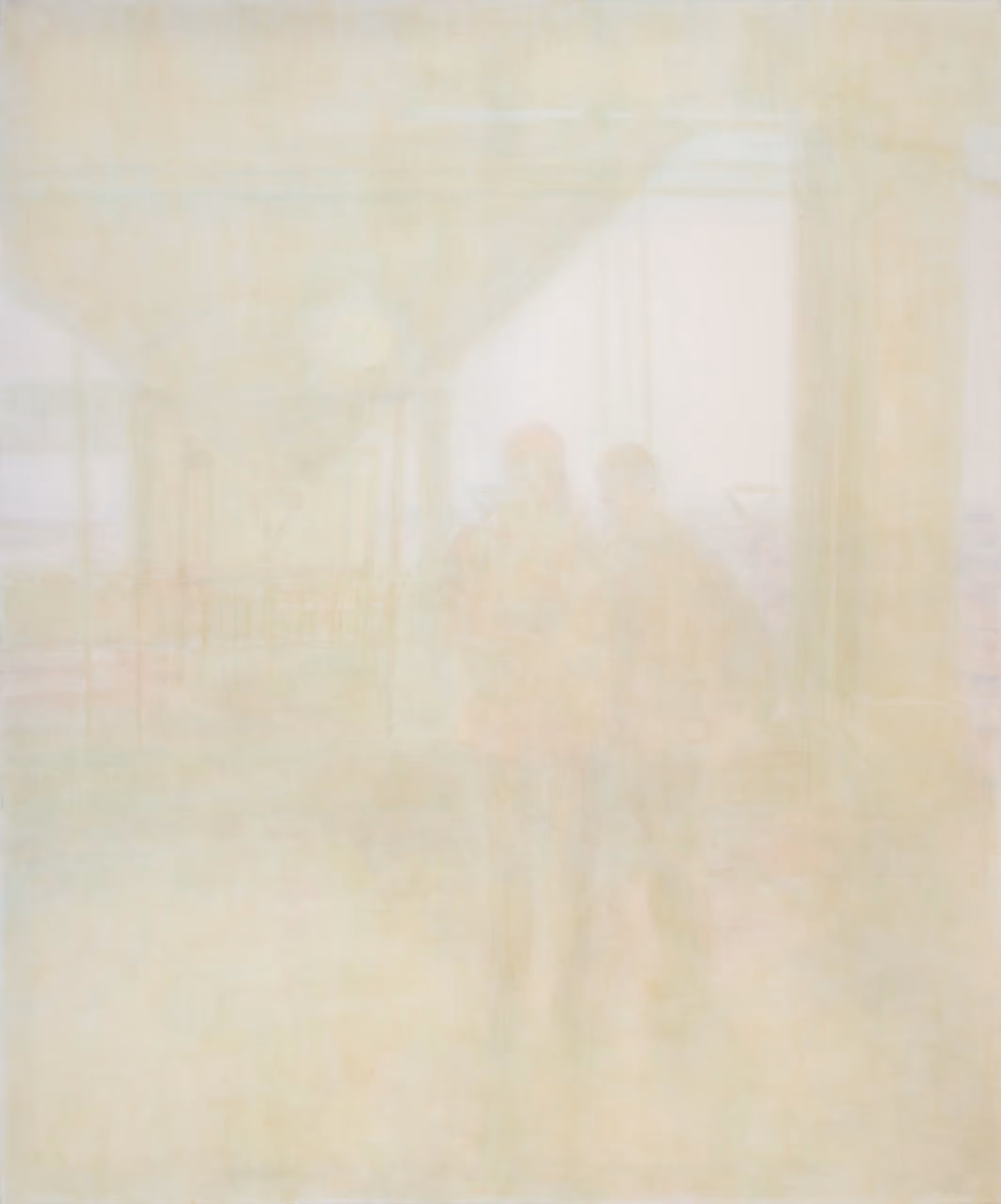 Low Tide VI,Faint, ethereal egg tempera painting of two figures standing in a softly lit, spacious interior with large windows and an abstract architectural structure.