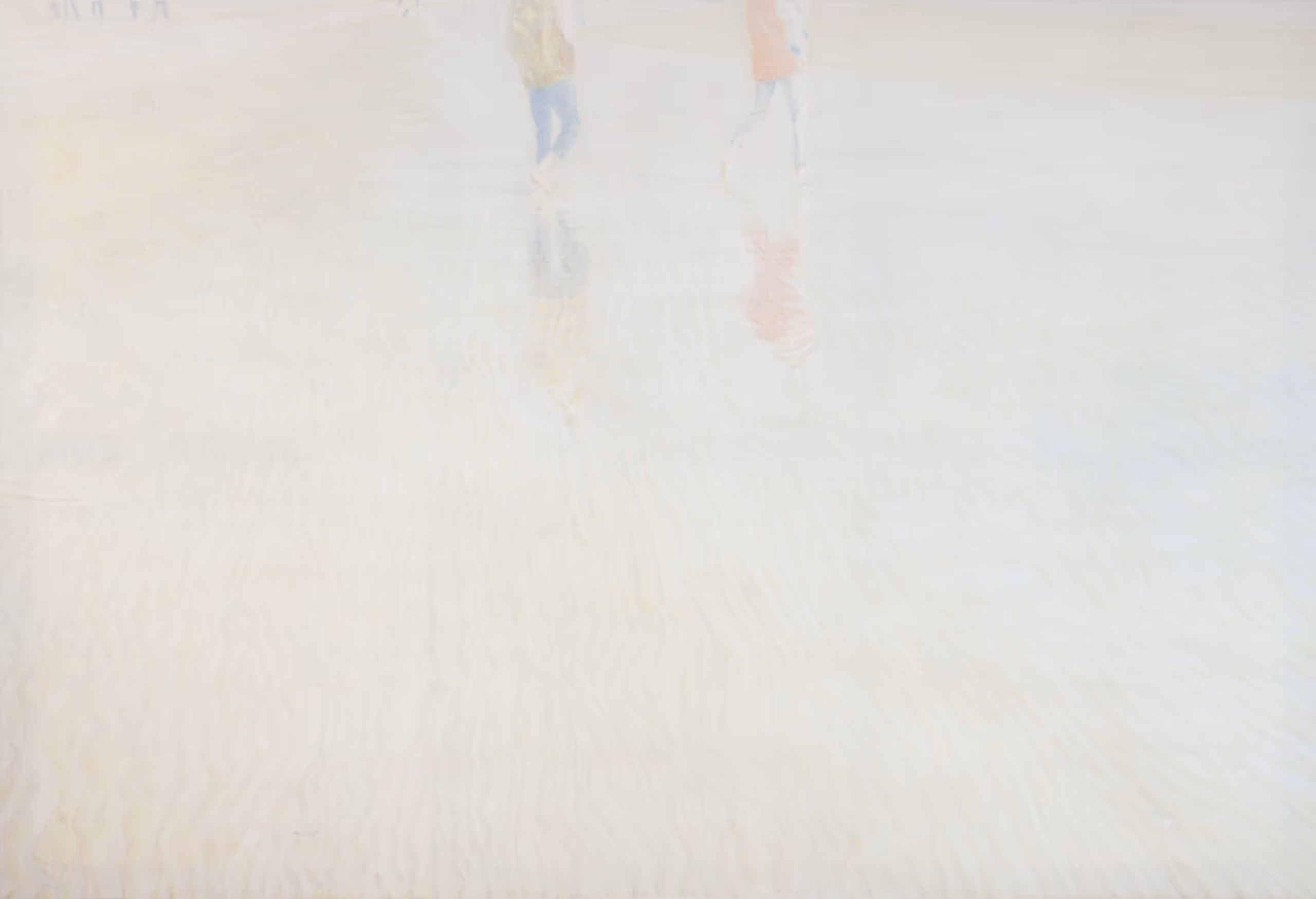 Two people walkin in shallow water on a beach.