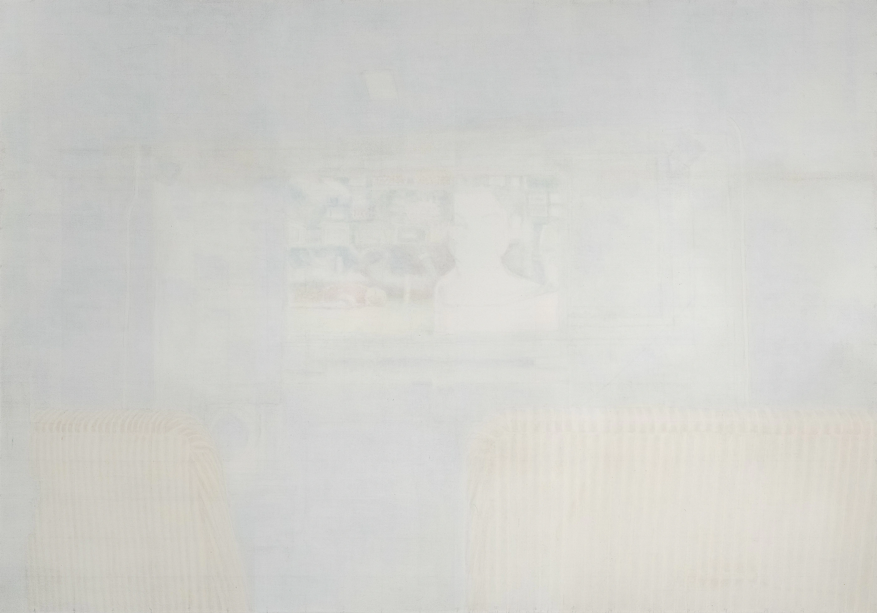 Screens IV, large-scale egg tempera painting, 230 x 180 cm, showing a San Francisco hostel basement, featuring worn corduroy armchairs in the foreground. In the background, a television shows a close-up of a woman with sunglasses from The Matrix, looking into the empty television room.