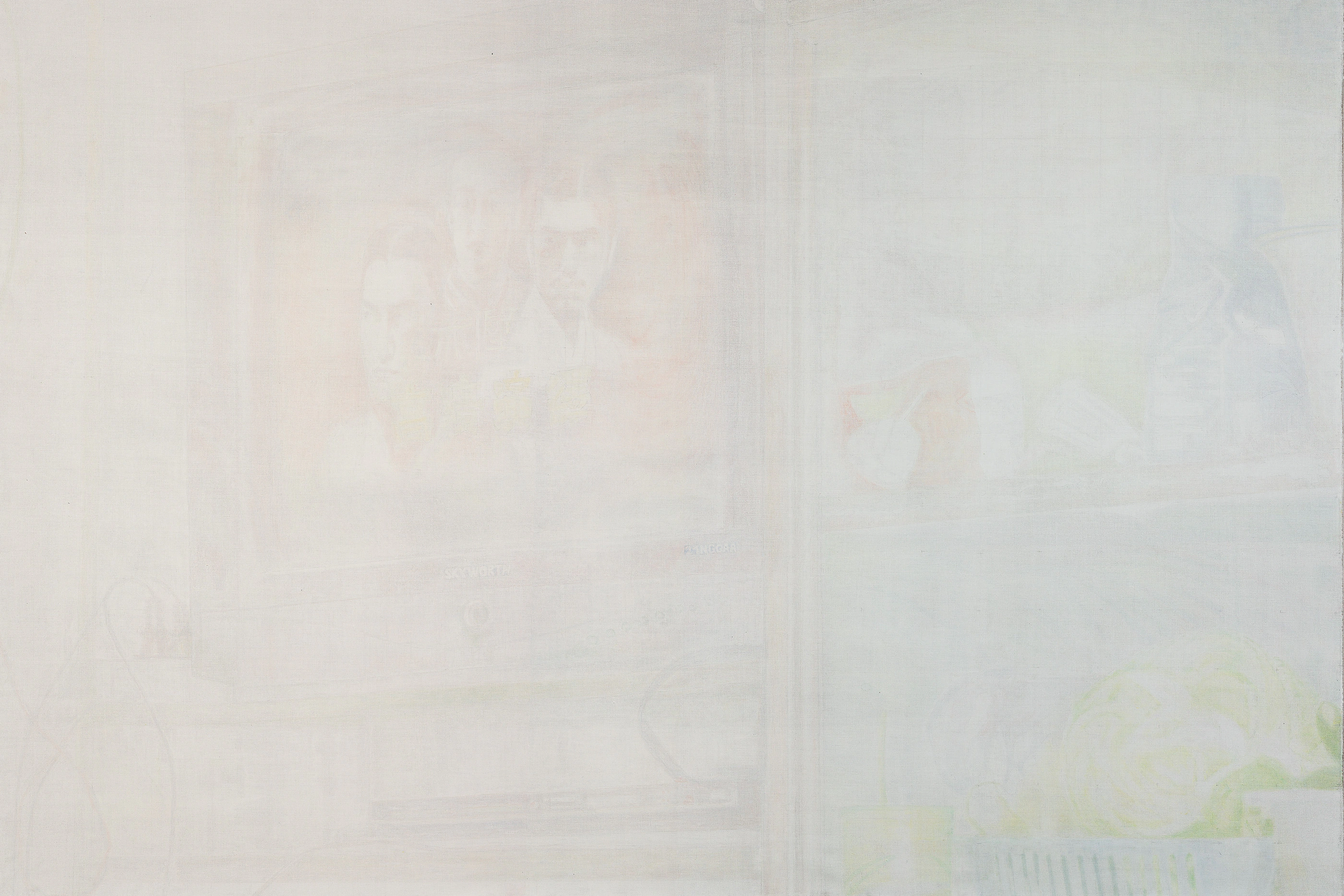 Screens II-Large-scale egg tempera painting, 230 x 180 cm, created in delicate, luminous layers, showing a shelf with a TV featuring Kung Fu fighters, cables, kitchen utensils, a head of cabbage, and a travel bag of rice.