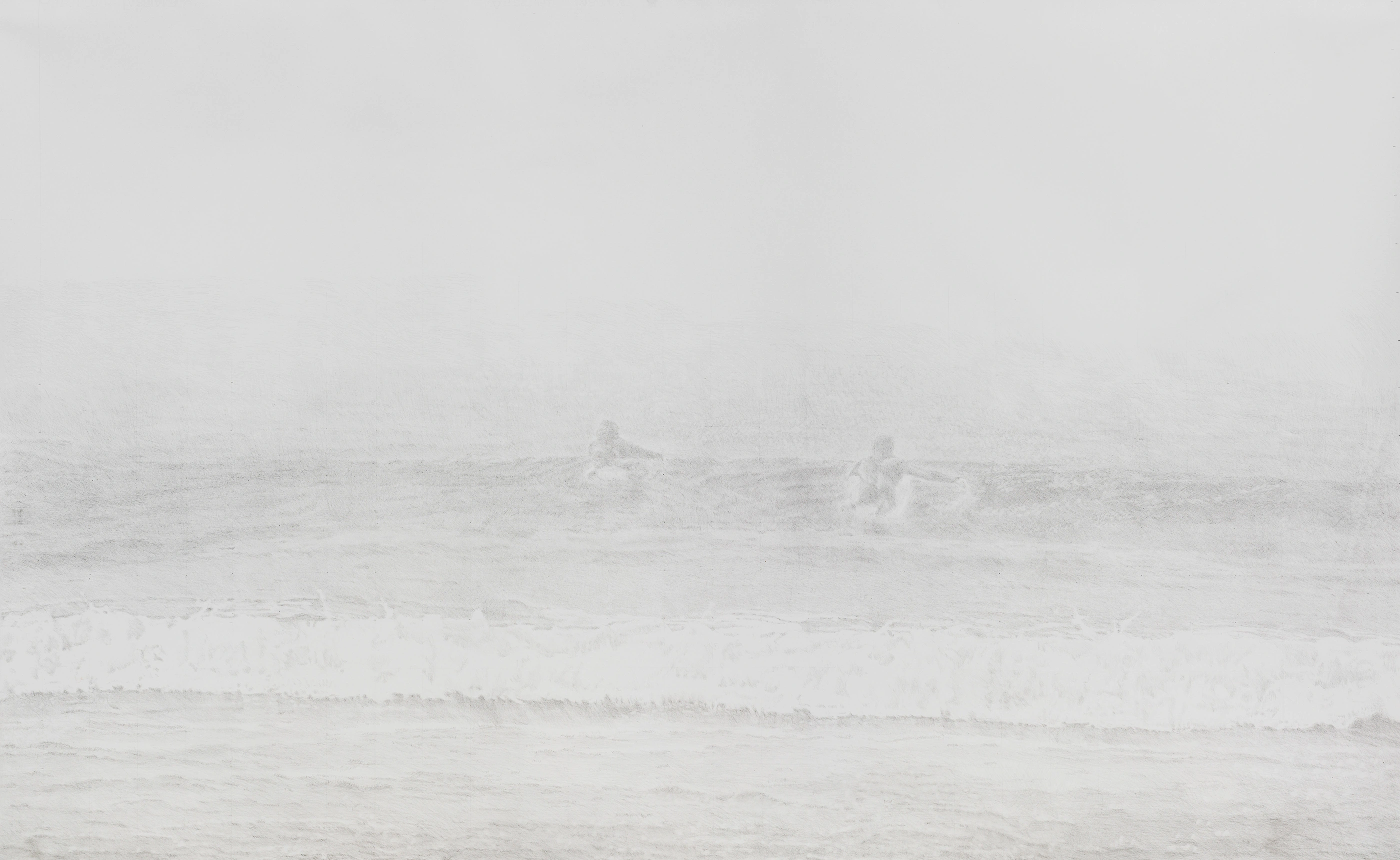 Strong Current VII, Large-scale hyper-realistic graphite drawing on 300g paper, 180 x 110 cm, depicting two female surfers in a black cold-water wetsuit on stormy waves off the west coast of Vancouver Island. The scene features a high horizon and misty atmosphere, rendered in fine, delicate layers