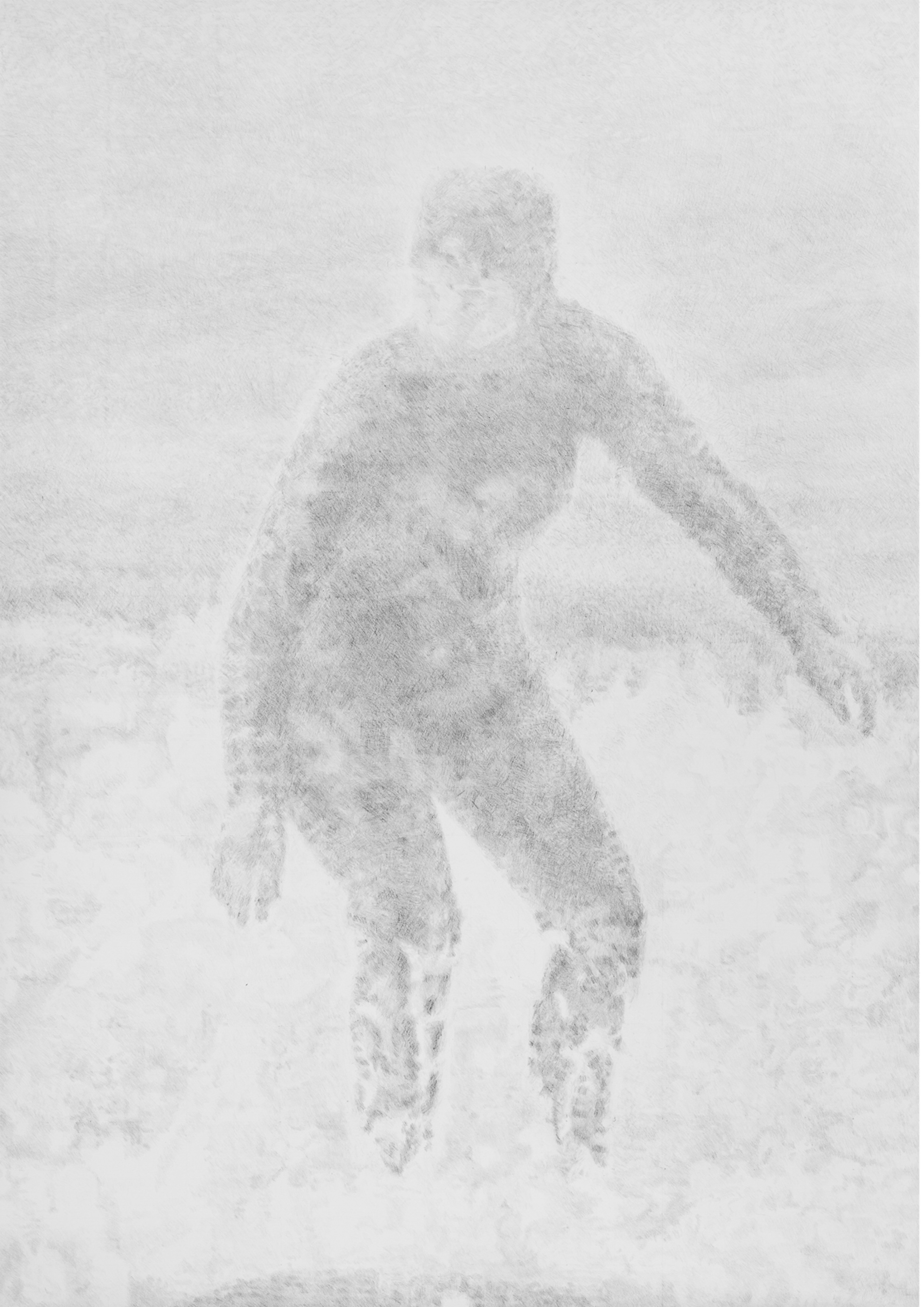 Strong Current I, large-scale hyper-realistic graphite drawing, 180 x 110 cm, depicting a surfer moving with high speed parallel to the shore. She stands with strong, determined balance in a stormy sea, her posture expressing joy and mastery amidst the powerful waves.