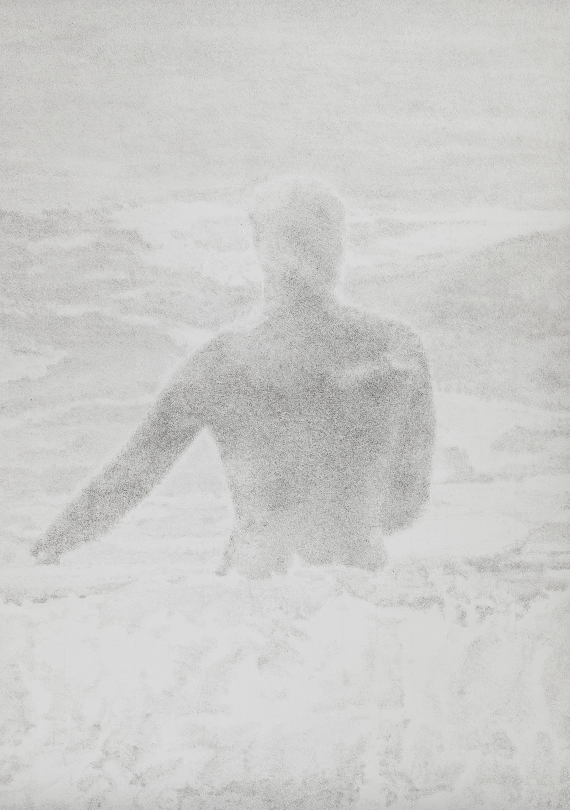 Strong Current V, Large-scale hyper-realistic graphite drawing on 300g paper, 180 x 110 cm, depicting a female surfer in a black cold-water wetsuit on stormy waves off the west coast of Vancouver Island. The scene features a high horizon and misty atmosphere, rendered in fine, delicate layers