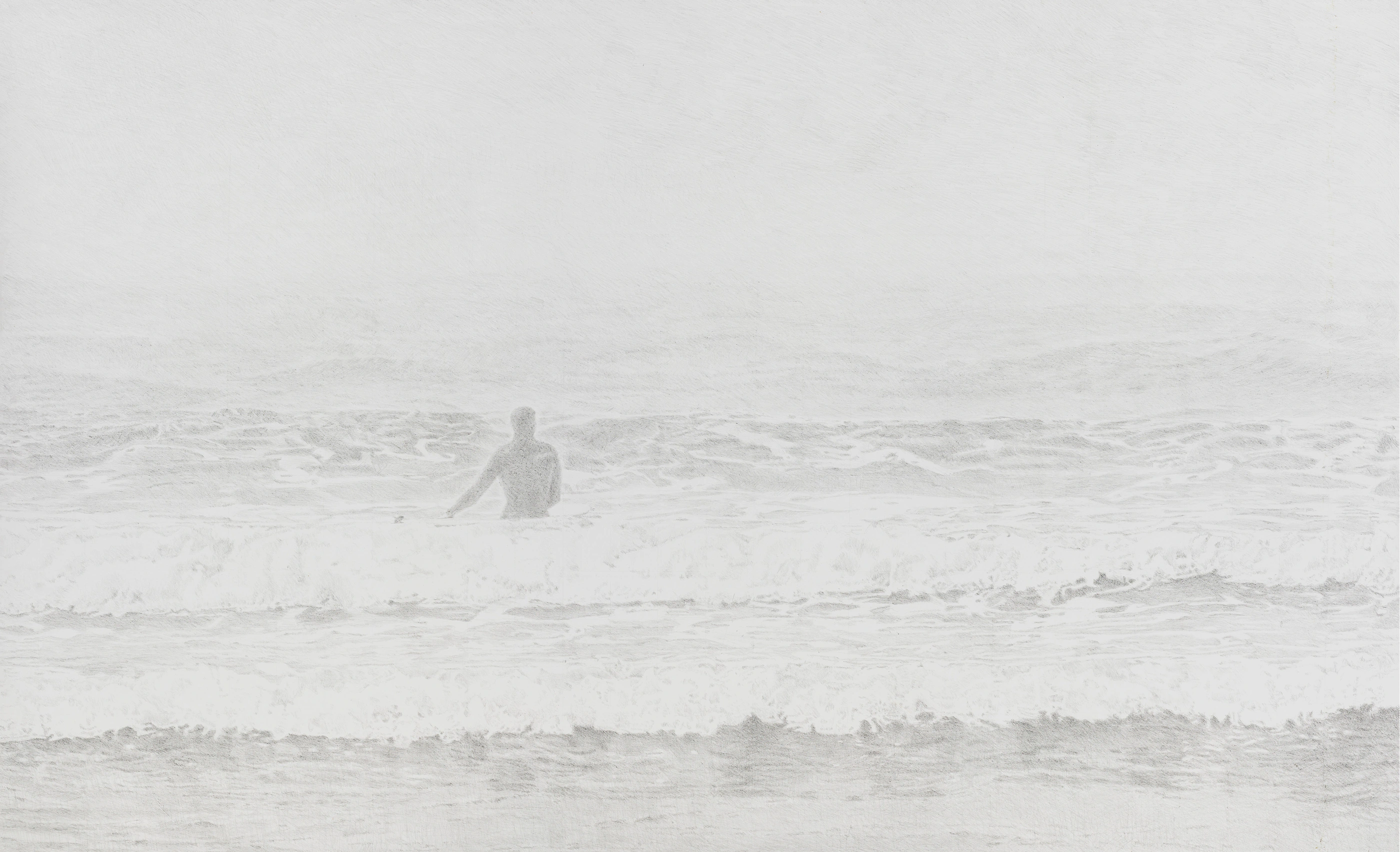 Strong Current III, Large-scale hyper-realistic graphite drawing on 300g paper, 180 x 110 cm, depicting a surfer in a black cold-water wetsuit on stormy waves off the west coast of Vancouver Island. The scene features a high horizon and misty atmosphere, rendered in fine, delicate layers