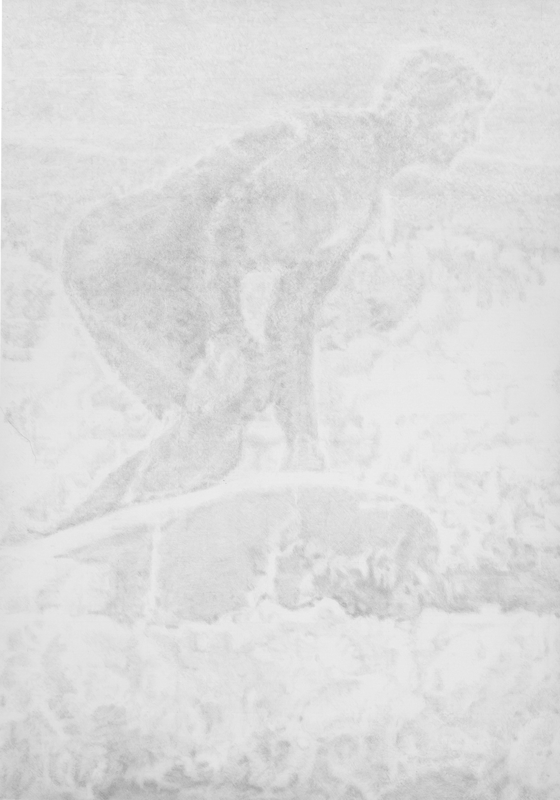 Strong Current VII, large-scale hyper-realistic graphite drawing on 300g paper, 180 x 110 cm, depicting a female surfer in a black cold-water wetsuit on stormy waves off the west coast of Vancouver Island. The scene features a high horizon and misty atmosphere, rendered in fine, delicate layers