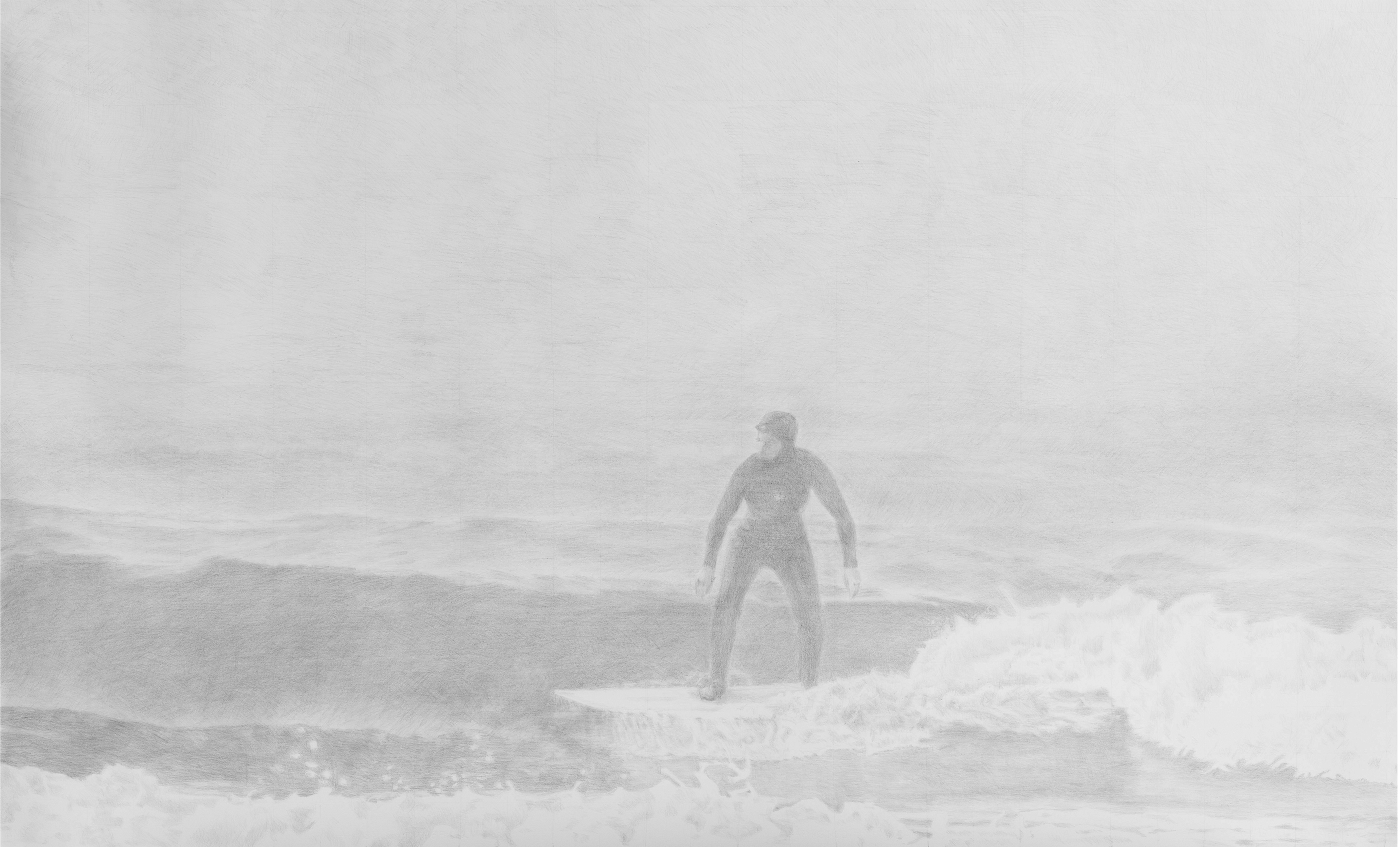 Strong Current II, large-scale hyper-realistic graphite drawing on 300g paper, 180 x 110 cm, depicting a surfer in a black cold-water wetsuit on stormy waves off the west coast of Vancouver Island. The scene features a high horizon and misty atmosphere, rendered in fine, delicate layers.