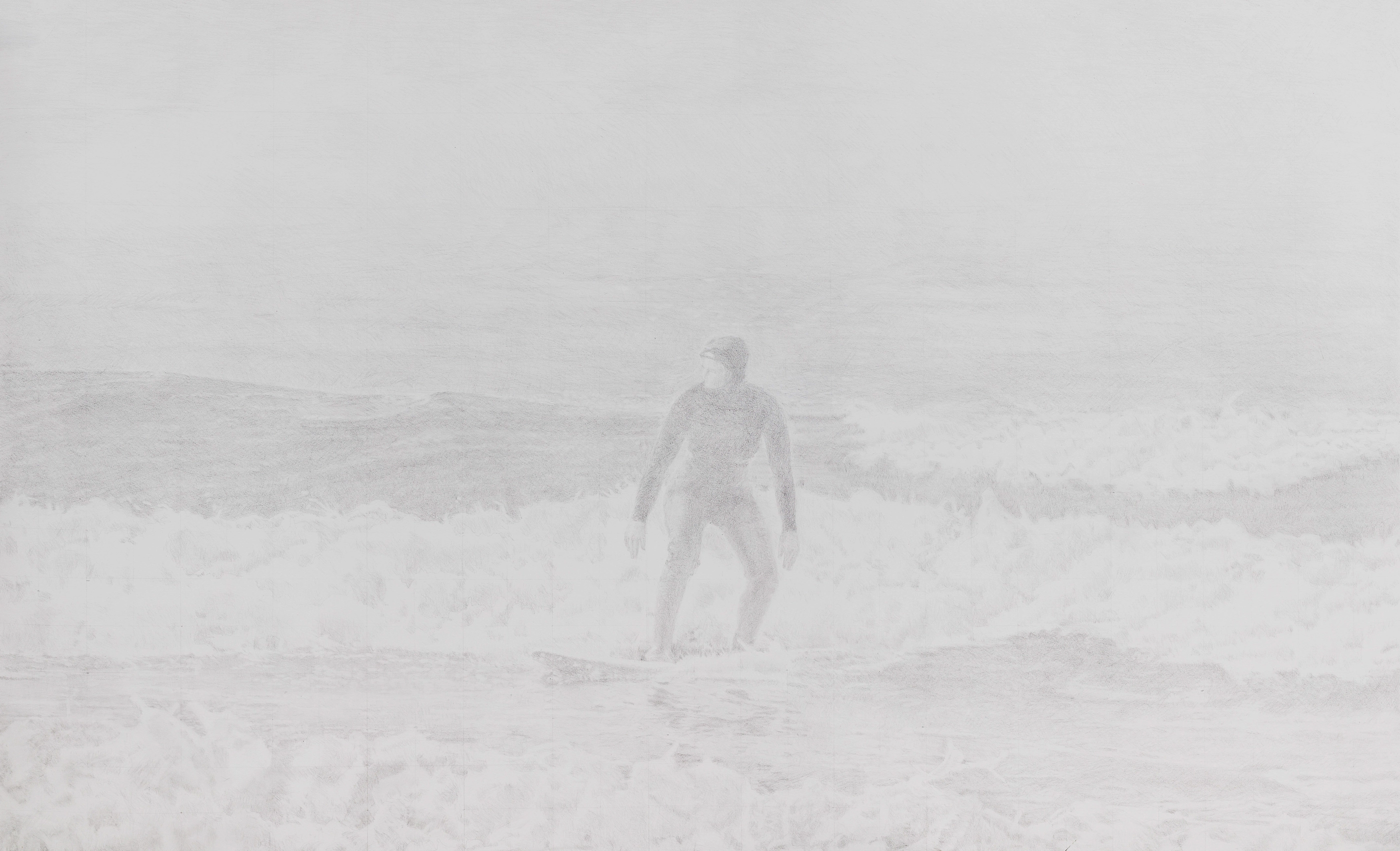 Strong Current VI, Large-scale hyper-realistic graphite drawing on 300g paper, 180 x 110 cm, depicting a female surfer in a black cold-water wetsuit on stormy waves off the west coast of Vancouver Island. The scene features a high horizon and misty atmosphere, rendered in fine, delicate layers