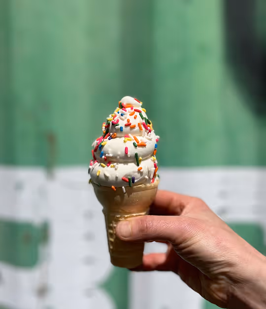 Soft serve ice cream with colorful sprinkles from Roberta’s Pizza restaurant.