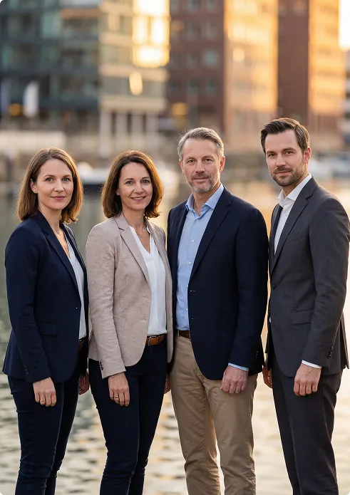 Four professionally dressed adults, two women and two men, standing side by side outdoors near water with blurred buildings in the background.