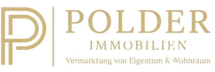 Logo for POLDER IMMOBILIEN with stylized 'P' and tagline in German about leasing apartments and commercial spaces.
