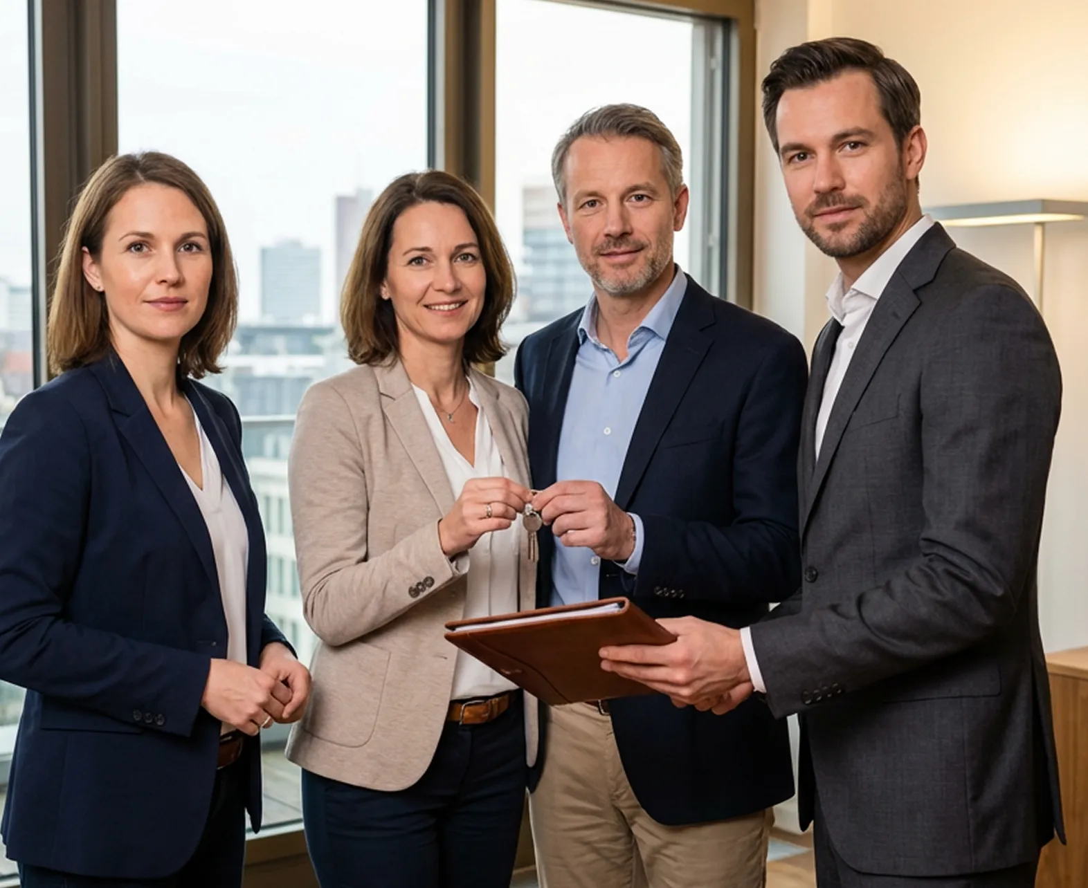 Four business professionals in an office, two women and two men, smiling and holding a key and a portfolio.