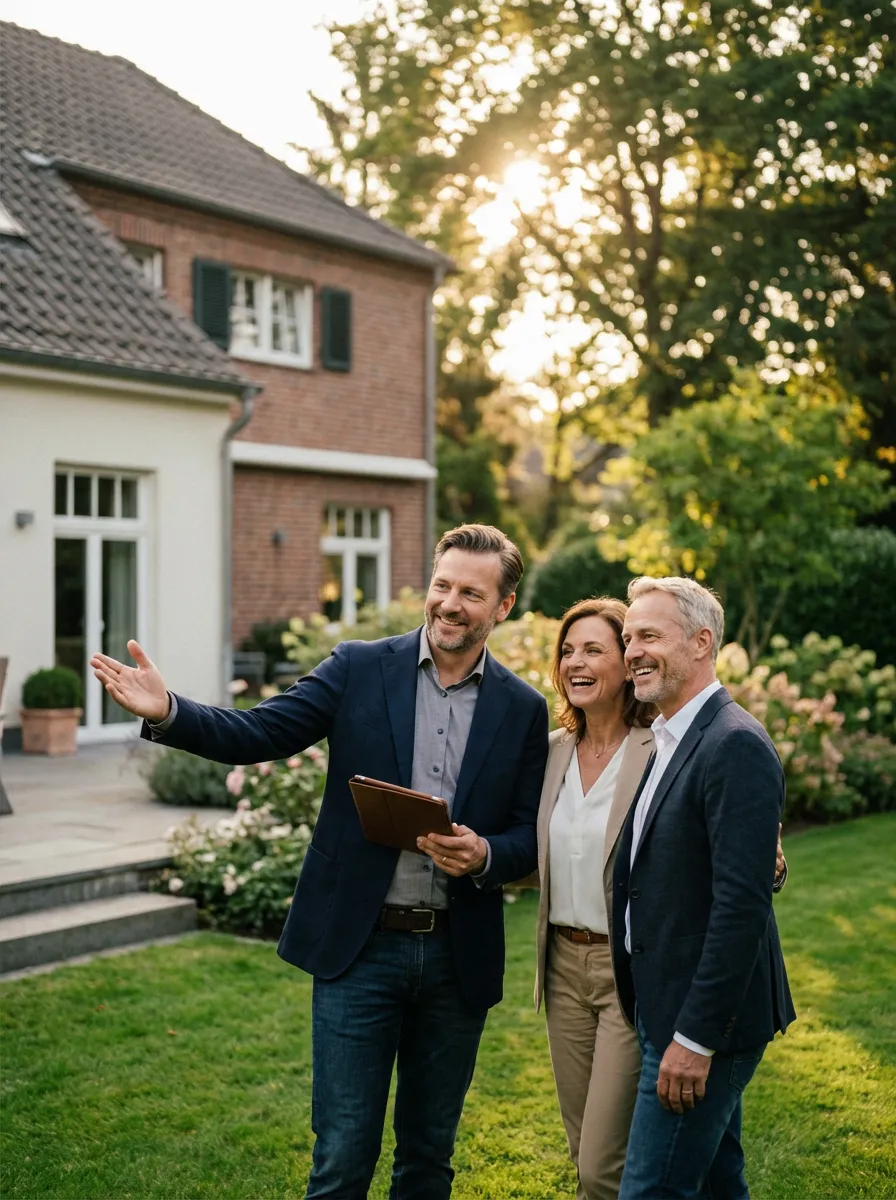 Real estate agent showing a smiling couple a house outdoors in a sunny garden.