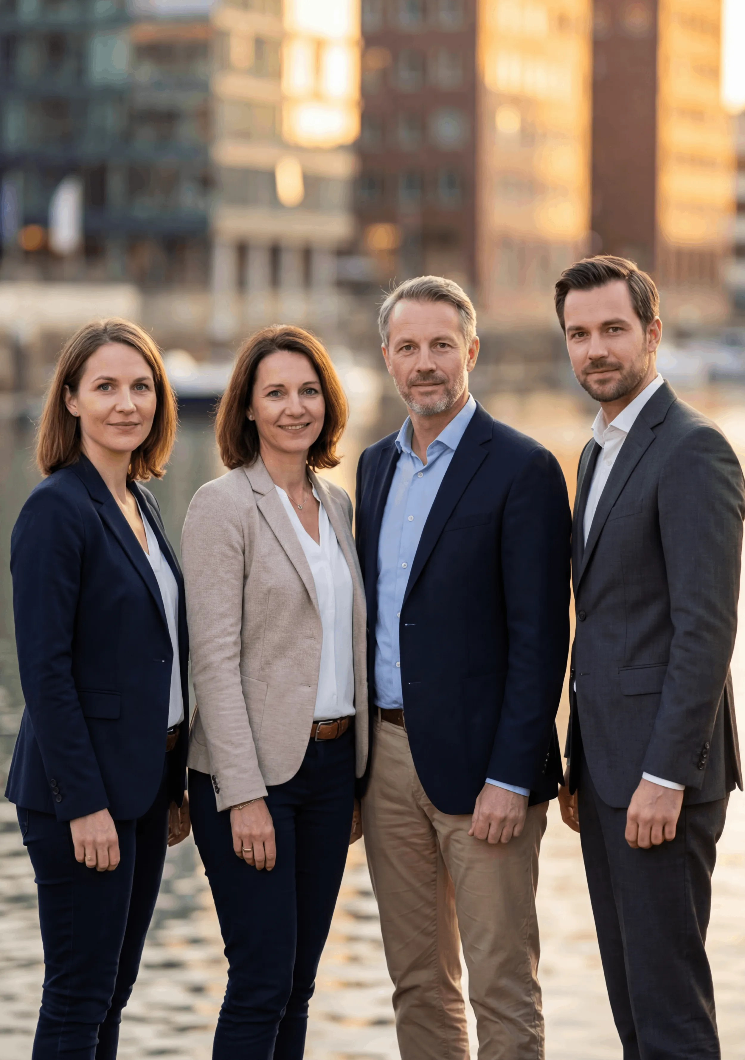 Four professionally dressed people standing side by side outdoors near water, with soft urban buildings in the background at sunset.