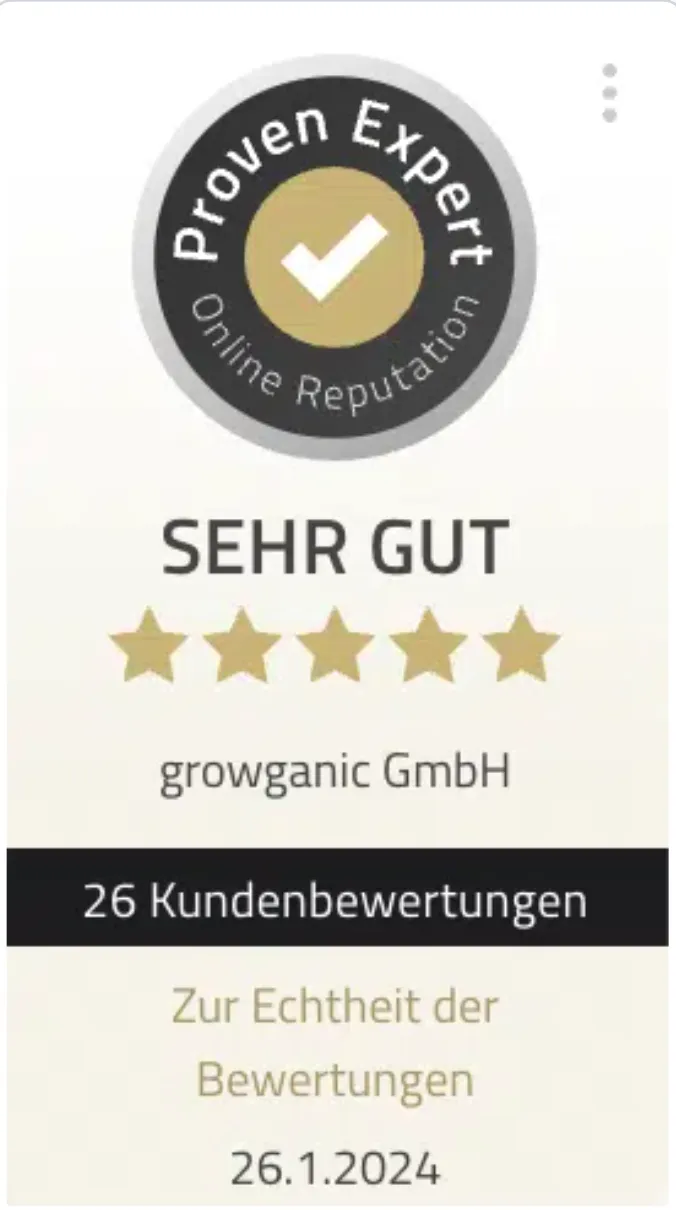 Proven Expert badge showing a five-star rating for growganic GmbH with 26 customer reviews dated 26.1.2024.