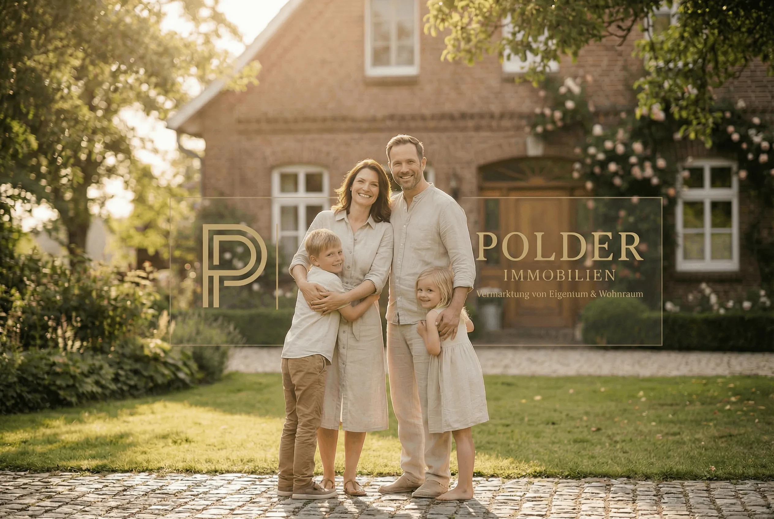 Smiling family of four hugging in front of a brick house with a green garden in warm sunlight.