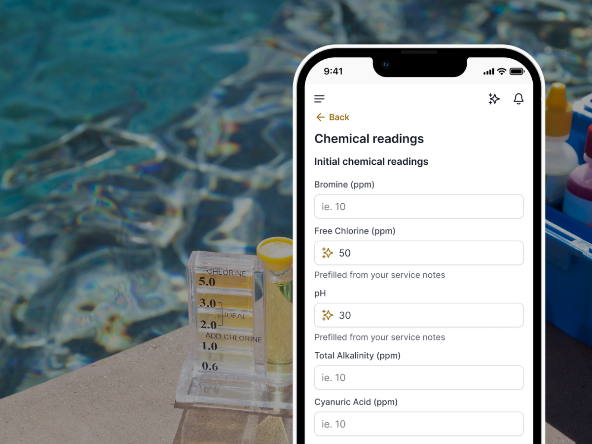 ProBase water readings screen showing pH, chlorine, and alkalinity logged to a service visit