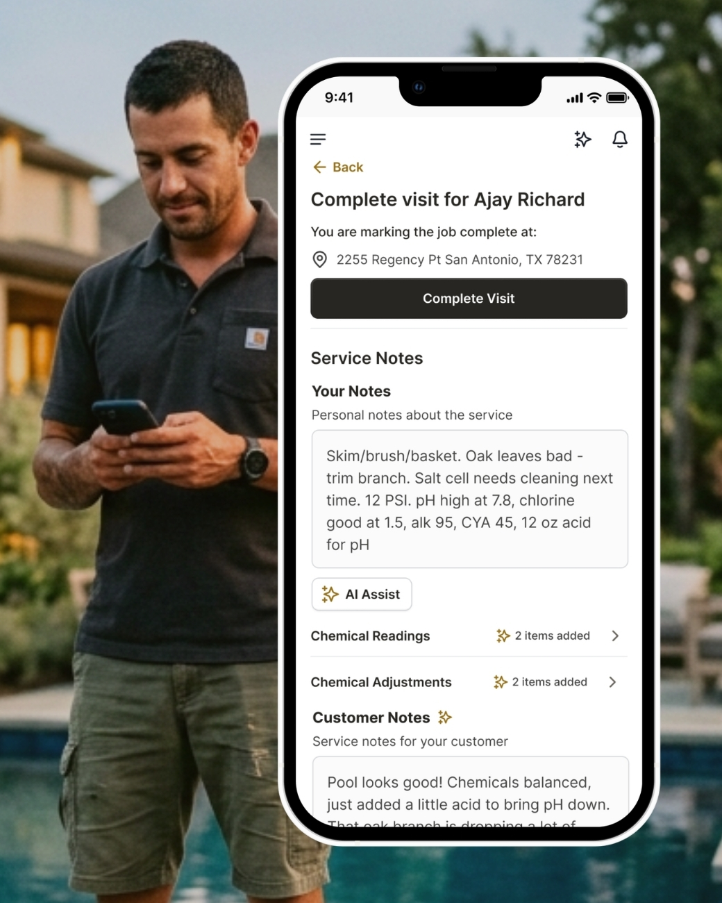 A Pro at a residential pool, showing a job being completed with AI notes parsing feature screen