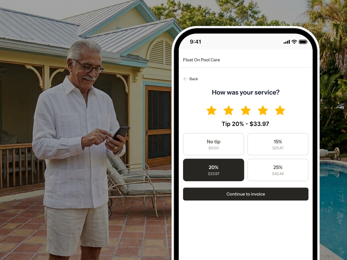 ProBase tip screen showing customer rating and tip options on a pool service invoice