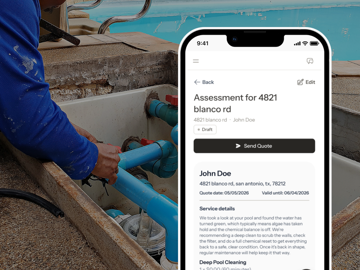ProBase pool service quote creation screen with line items, pricing, and customer-facing approval