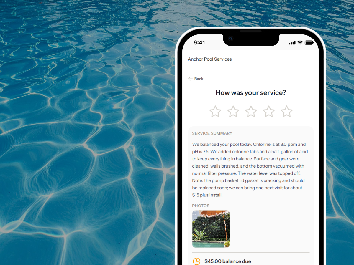 ProBase customer service report showing visit notes and photos sent to a pool customer