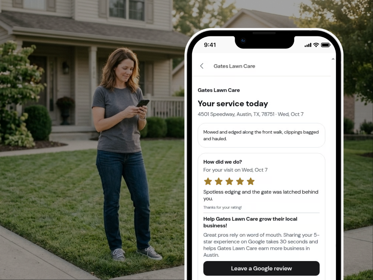 A homeowner on her freshly mowed front lawn reads her Gates Lawn Care service report on her phone, with the How did we do? rating card and a Leave a Google review button