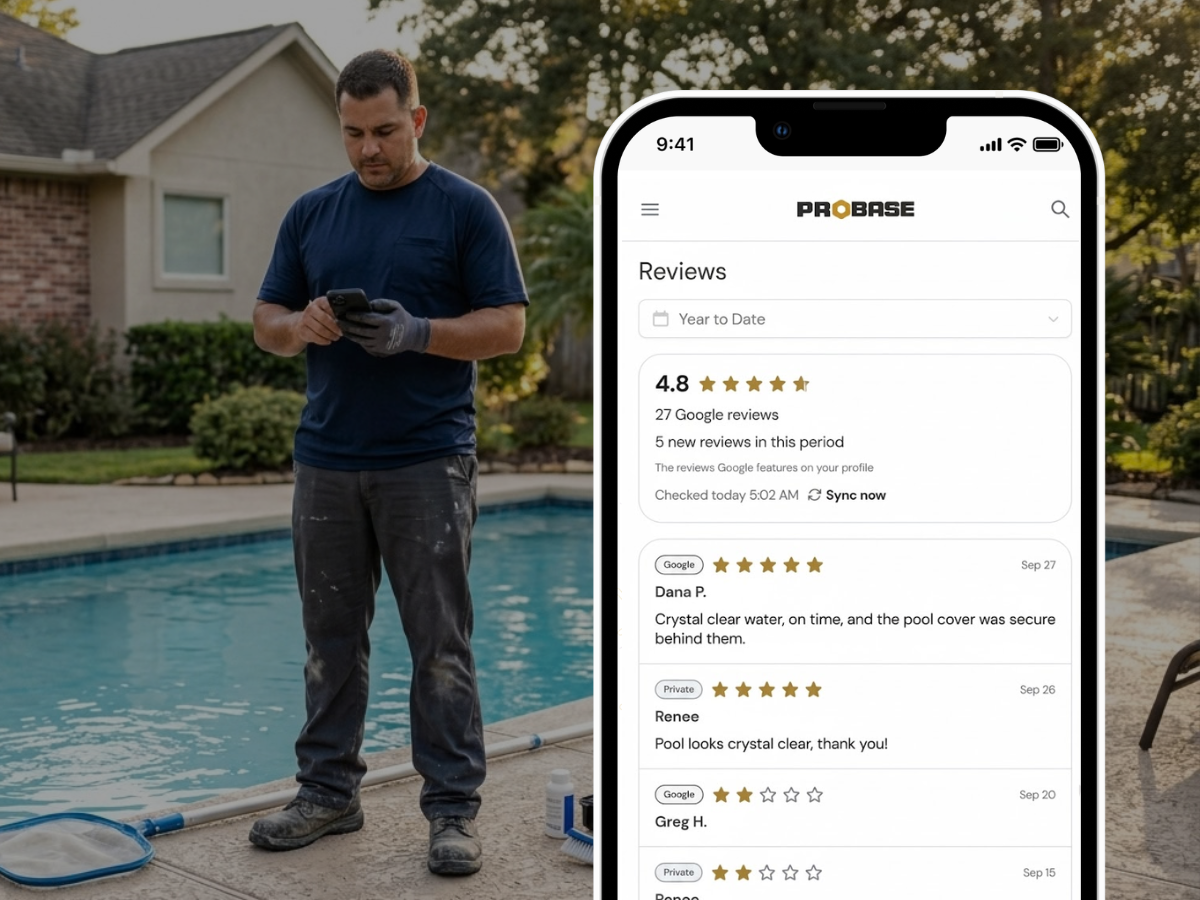 A pool tech checks the ProBase Reviews page on his phone, showing a 4.8 Google star average from 27 Google reviews and a list of Google reviews and private visit ratings