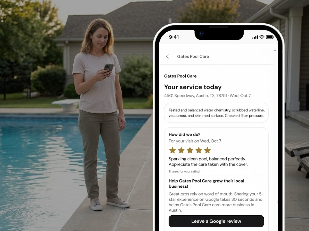 A homeowner by her pool reads her Gates Pool Care service report on her phone, with the How did we do? rating card and a Leave a Google review button