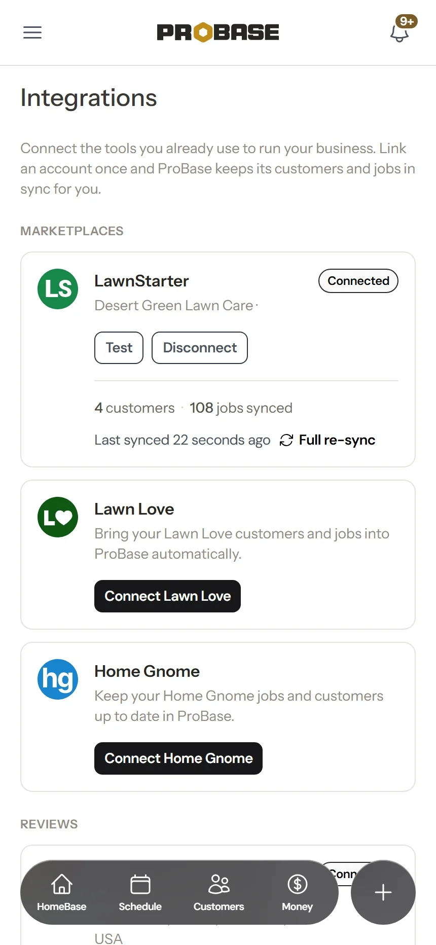 ProBase Integrations page with LawnStarter connected and Connect Lawn Love and Connect Home Gnome buttons