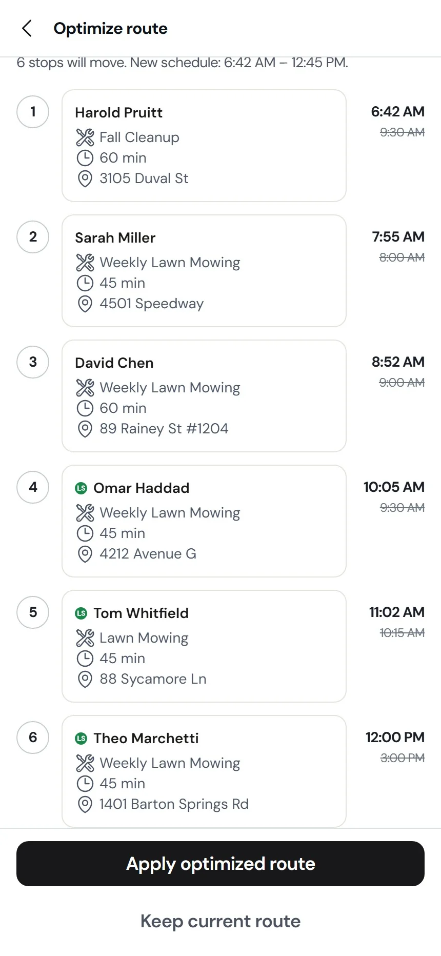 ProBase Optimize route screen with a pro's own customers and LawnStarter jobs on one route