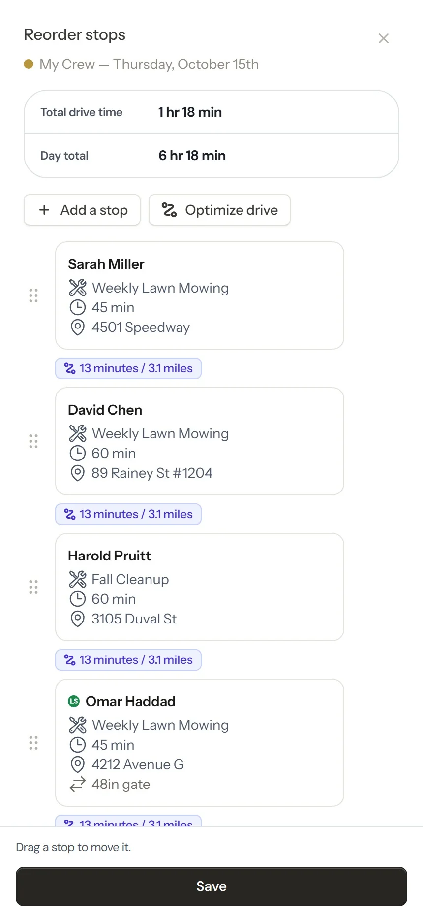 ProBase Reorder stops screen with a pro's own customers and a LawnStarter job in one day's route