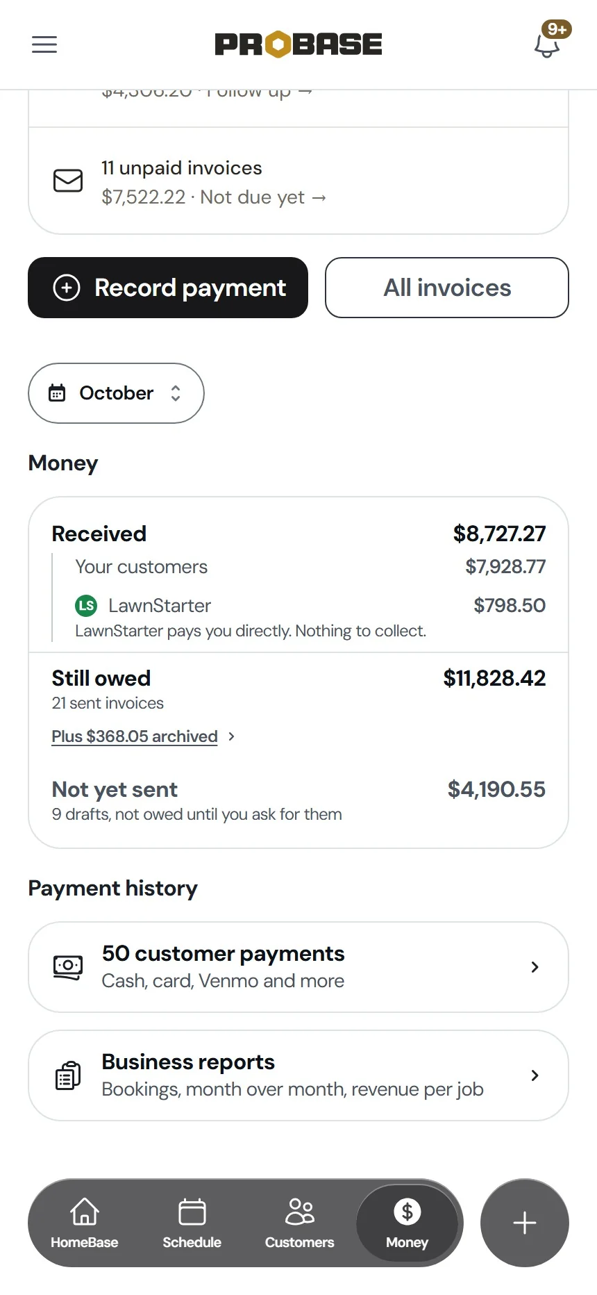 LawnStarter payout deposit shown on the Money page of the ProBase lawn care business app