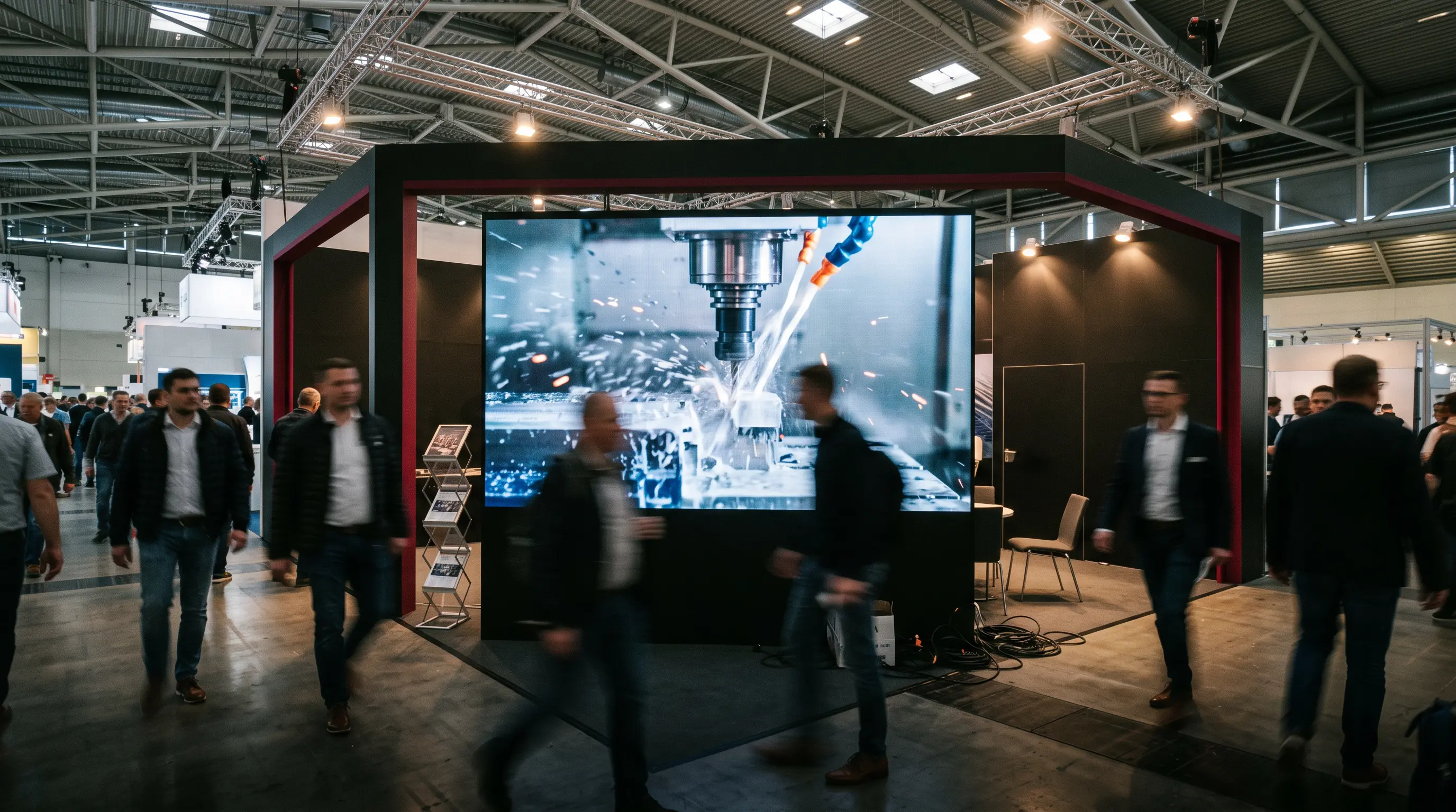 Messestand mit großer Videowand, auf der eine CNC-Fräse Metall bearbeitet, davor laufen Besucher vorbei