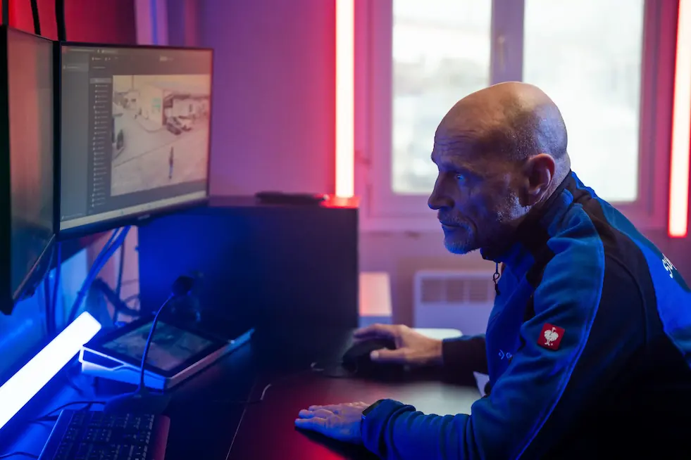 A bald man in a blue jacket sits at a workstation reviewing security footage on multiple monitors lit by red and blue ambient lighting.