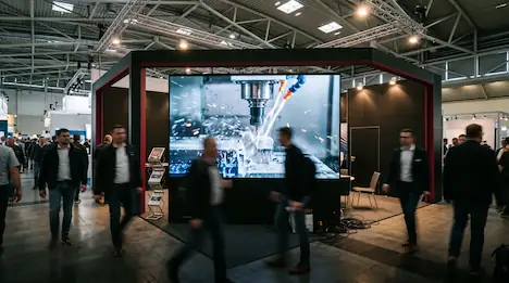 Messestand mit großer Videowand, auf der eine CNC-Fräse Metall bearbeitet, davor laufen Besucher vorbei