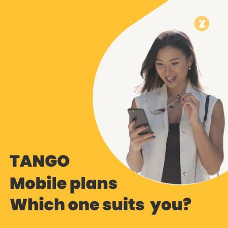 Woman holding a smartphone beside the headline “Tango mobile plans: Which one suits you?” on a coral LetzCompare cover.